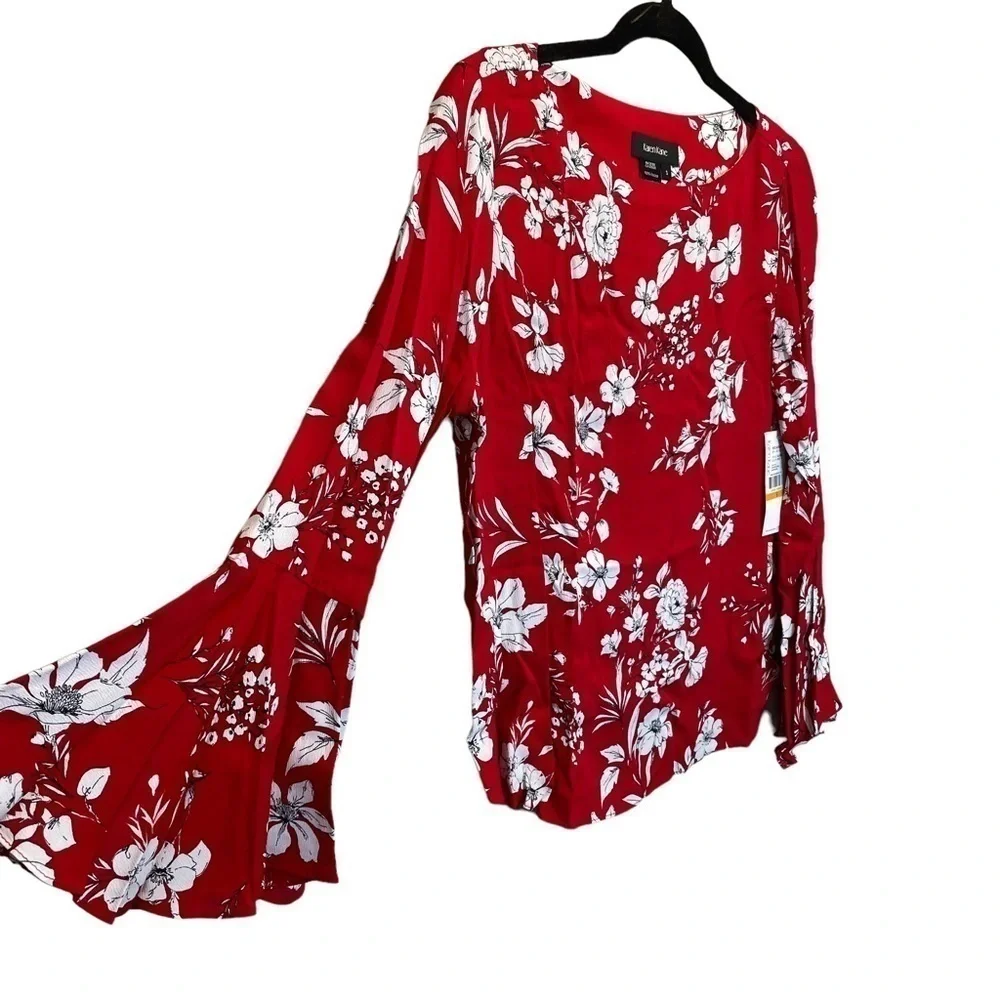 Karen Kane Printed Viscose Bell Sleeve Top in Red Ahead Small New - Picture 5 of 7